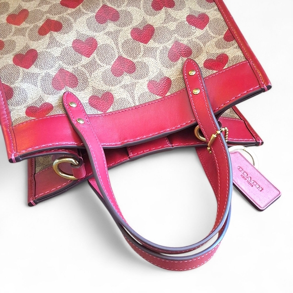 Coach Rogue 25 Tote Heart Print Signature Canvas Red Leather Trim - Picture 13 of 14